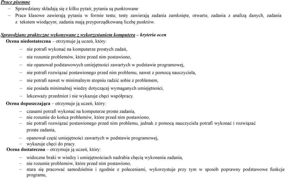 Sprawdziany praktyczne wykonywane z wykorzystaniem komputera kryteria ocen Ocena niedostateczna otrzymuje ją uczeń, który: nie potrafi wykonać na komputerze prostych zadań, nie rozumie problemów,