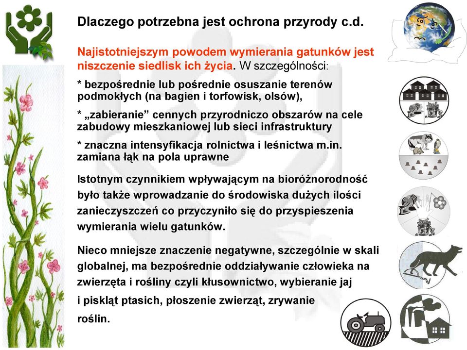 infrastruktury * znaczna intensyfikacja rolnictwa i leśnictwa m.in. zamiana łąk na pola uprawne Istotnym czynnikiem wpływającym na bioróŝnorodność było takŝe wprowadzanie do środowiska duŝych ilości