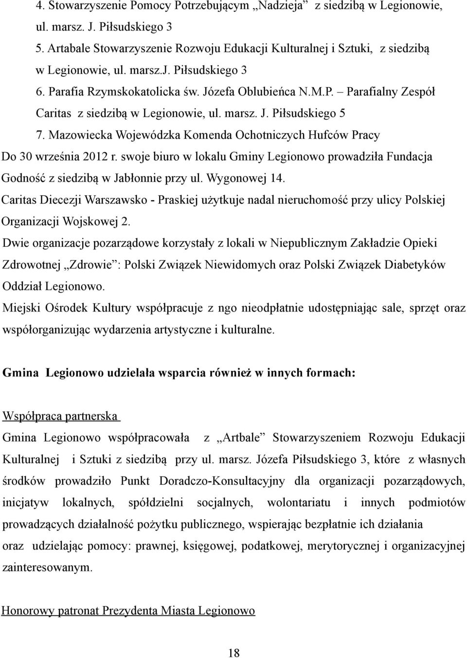 Mazowiecka Wojewódzka Komenda Ochotniczych Hufców Pracy Do 30 września 2012 r. swoje biuro w lokalu Gminy Legionowo prowadziła Fundacja Godność z siedzibą w Jabłonnie przy ul. Wygonowej 14.
