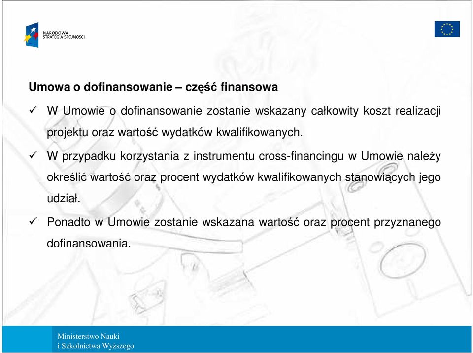 W przypadku korzystania z instrumentu cross-financingu w Umowie naleŝy określić wartość oraz