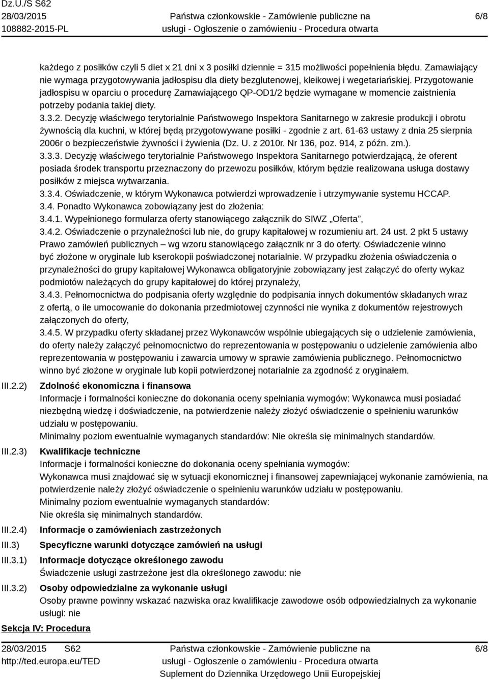 Przygotowanie jadłospisu w oparciu o procedurę Zamawiającego QP-OD1/2 