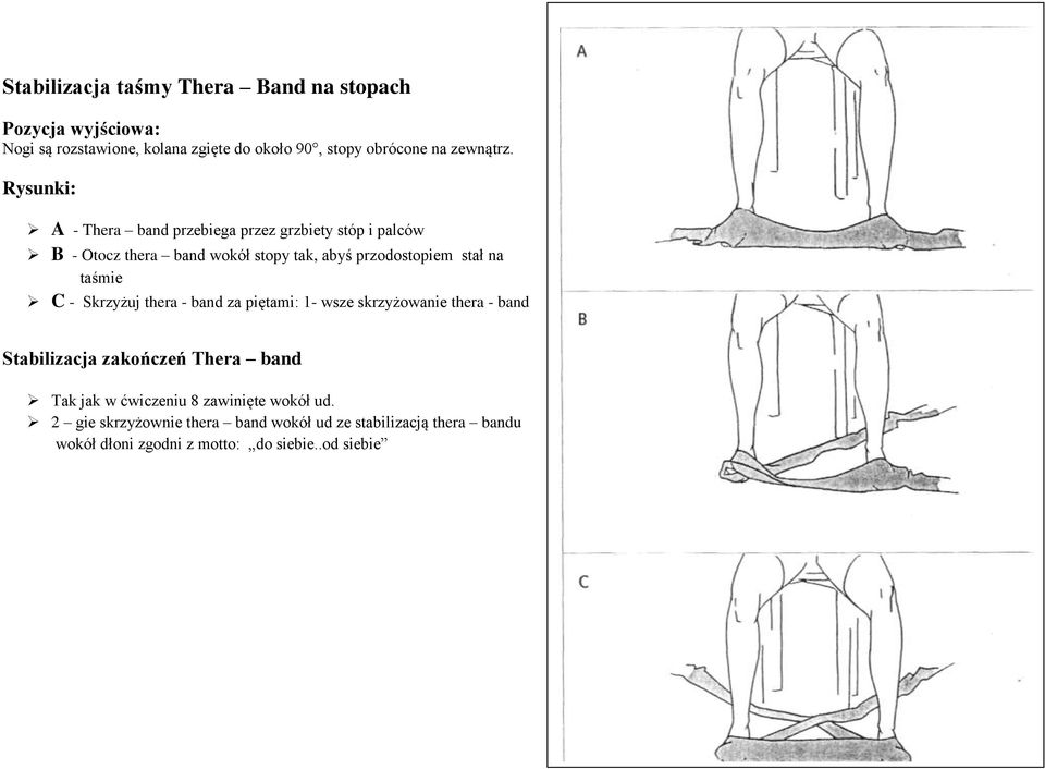 Rysunki: A - Thera band przebiega przez grzbiety stóp i palców B - Otocz thera band wokół stopy tak, abyś przodostopiem stał na