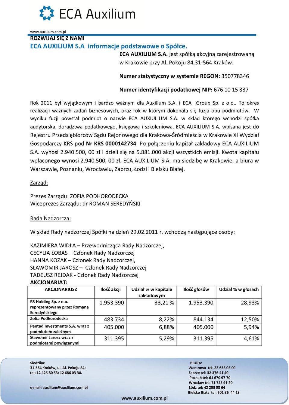 W wyniku fuzji powstał podmiot o nazwie ECA AUXIULIUM S.A. w skład którego wchodzi spółka audytorska, doradztwa podatkowego, księgowa i szkoleniowa. ECA AUXILIUM S.A. wpisana jest do Rejestru Przedsiębiorców Sądu Rejonowego dla Krakowa-Śródmieścia w Krakowie XI Wydział Gospodarczy KRS pod Nr KRS 0000142734.