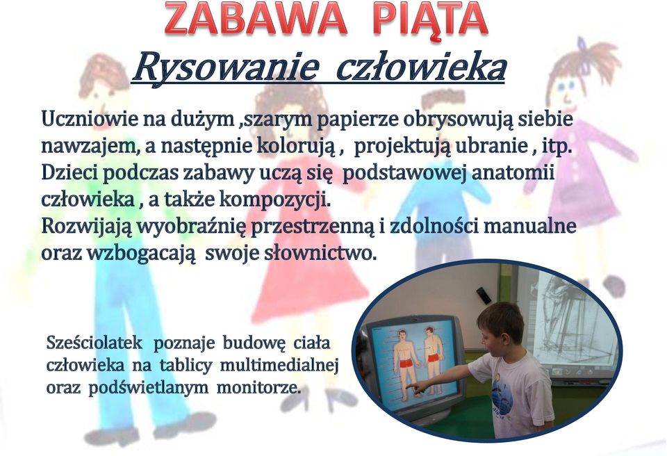 Dzieci podczas zabawy uczą się podstawowej anatomii człowieka, a także kompozycji.