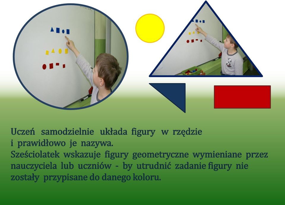 Sześciolatek wskazuje figury geometryczne wymieniane