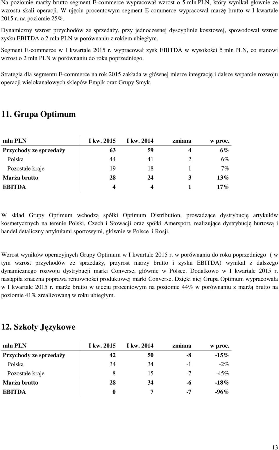 Dynamiczny wzrost przychodów ze sprzedaży, przy jednoczesnej dyscyplinie kosztowej, spowodował wzrost zysku EBITDA o 2 mln PLN w porównaniu z rokiem ubiegłym. Segment E-commerce w I kwartale 2015 r.