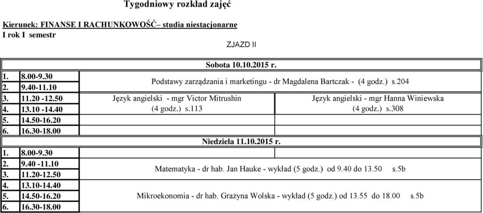 113 Niedziela 11.10.2015 r. s.308 Matematyka - dr hab.