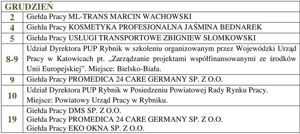 Zarządzanie projektami współfinansowanymi ze środków Unii Europejskiej. Miejsce: Bielsko-Biała. 9 Giełda Pracy PROM