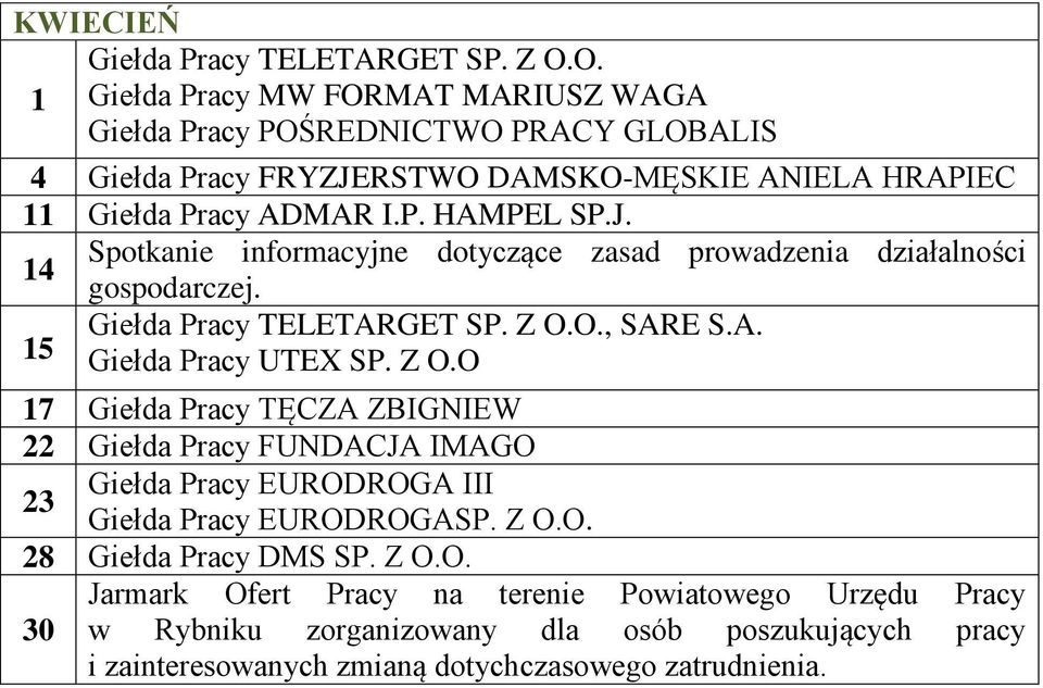 J. 14 Spotkanie informacyjne dotyczące zasad prowadzenia działalności gospodarczej. 15 Giełda Pracy TELETARGET SP. Z O.