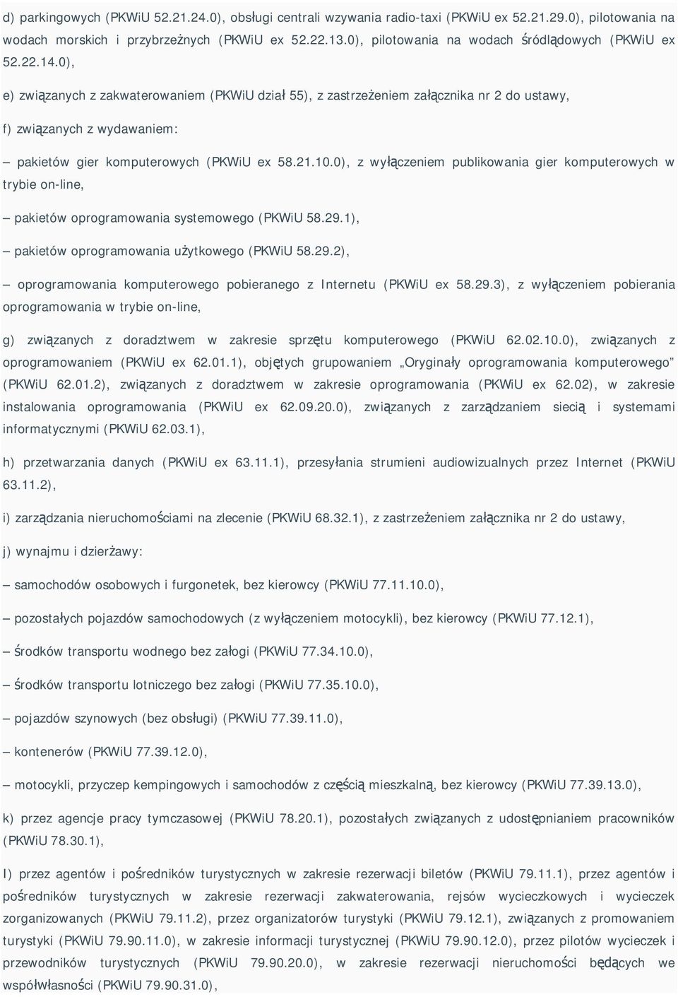 0), e) zwi zanych z zakwaterowaniem (PKWiU dzia 55), z zastrze eniem za cznika nr 2 do ustawy, f) zwi zanych z wydawaniem: pakietów gier komputerowych (PKWiU ex 58.21.10.