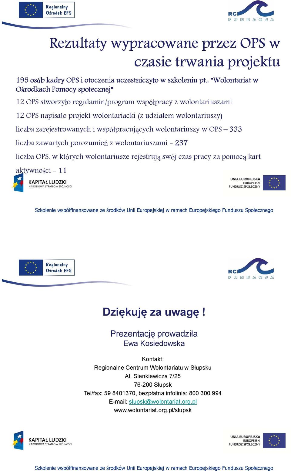 zarejestrowanych i współpracujących wolontariuszy w OPS 333 liczba zawartych porozumień z wolontariuszami - 237 liczba OPS, w których wolontariusze rejestrują swój czas pracy za pomocą kart