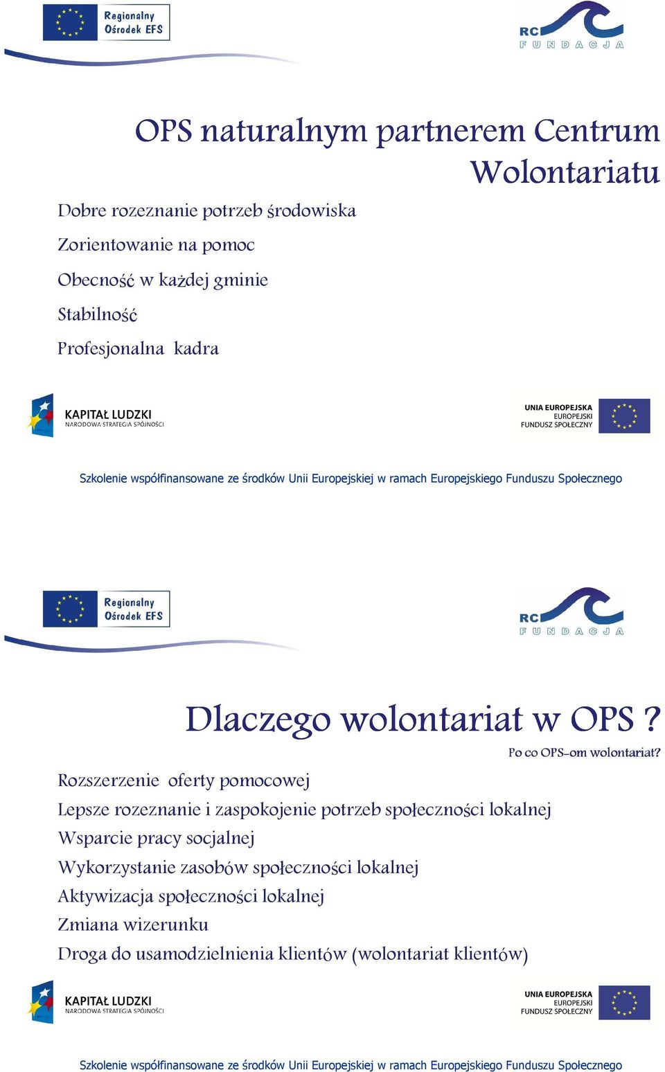 Rozszerzenie oferty pomocowej Lepsze rozeznanie i zaspokojenie potrzeb społeczności lokalnej Wsparcie pracy socjalnej