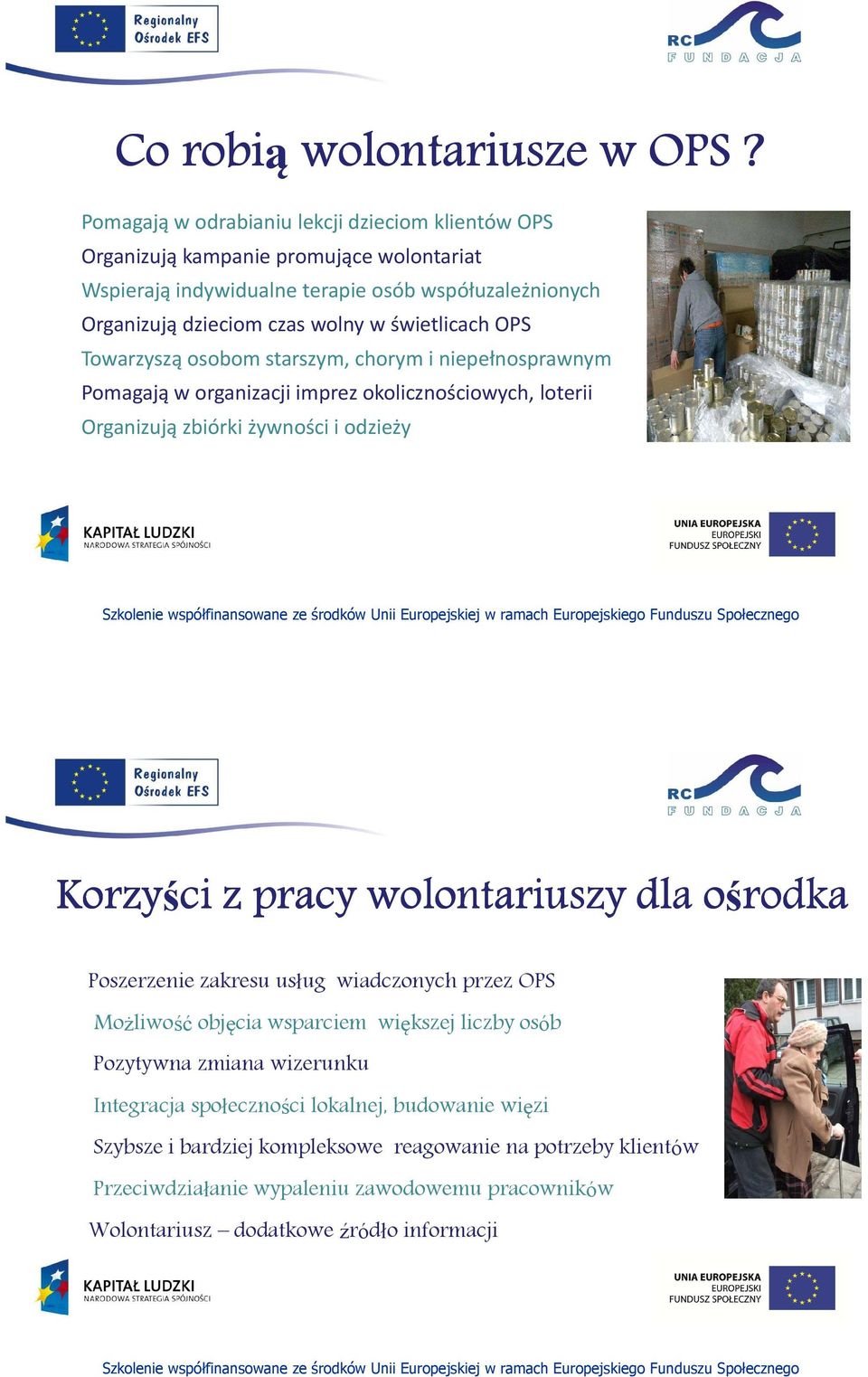 świetlicach OPS Towarzyszą osobom starszym, chorym i niepełnosprawnym Pomagają w organizacji imprez okolicznościowych, loterii Organizują zbiórki żywności i odzieży Korzyści z pracy