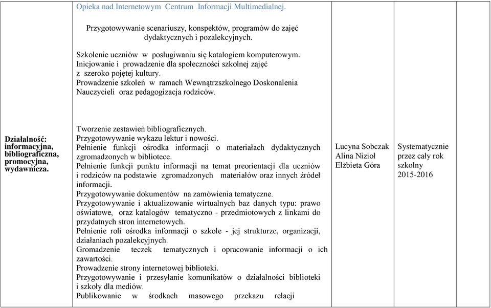 Prowadzenie szkoleń w ramach Wewnątrzszkolnego Doskonalenia Nauczycieli oraz pedagogizacja rodziców. Działalność: informacyjna, bibliograficzna, promocyjna, wydawnicza.