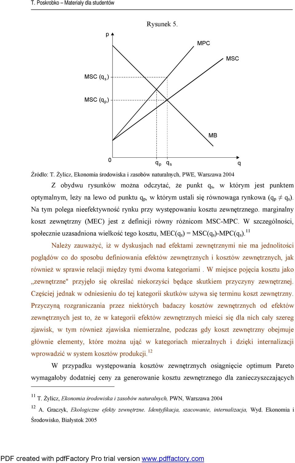 rynkowa (q q ). Na tym olega nieefektywność rynku rzy wytęowaniu koztu zewnętrznego. marginalny kozt zewnętrzny (MEC) jet z definicji równy różnicom MSC-MPC.