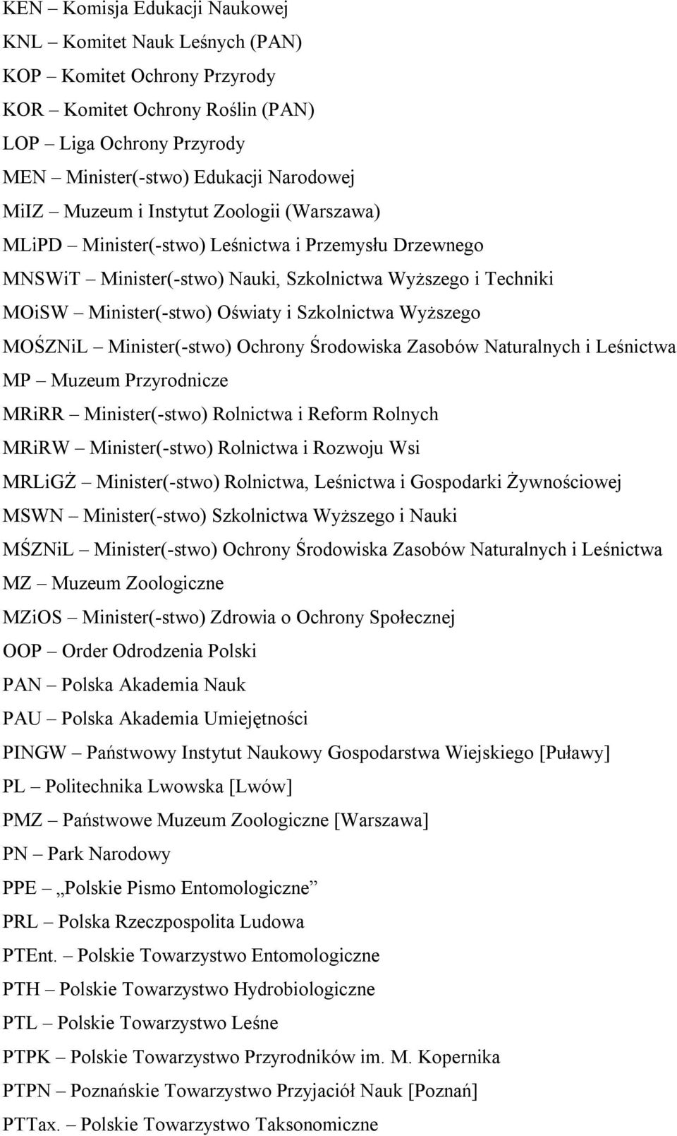 MOŚZNiL Minister(-stwo) Ochrony Środowiska Zasobów Naturalnych i Leśnictwa MP Muzeum Przyrodnicze MRiRR Minister(-stwo) Rolnictwa i Reform Rolnych MRiRW Minister(-stwo) Rolnictwa i Rozwoju Wsi MRLiGŻ