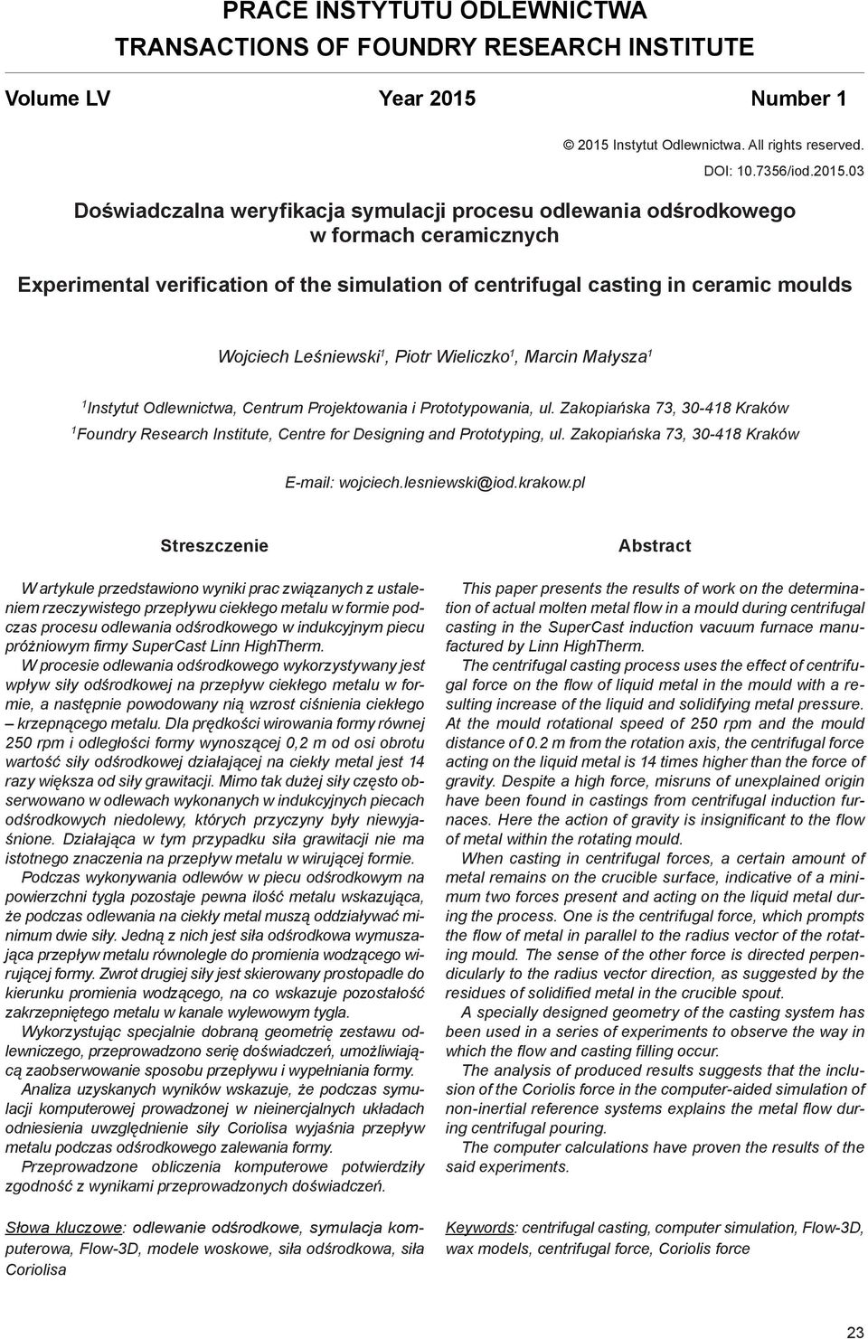 Instytut Odlewnictwa. All rights reserved. DOI: 10.7356/iod.2015.