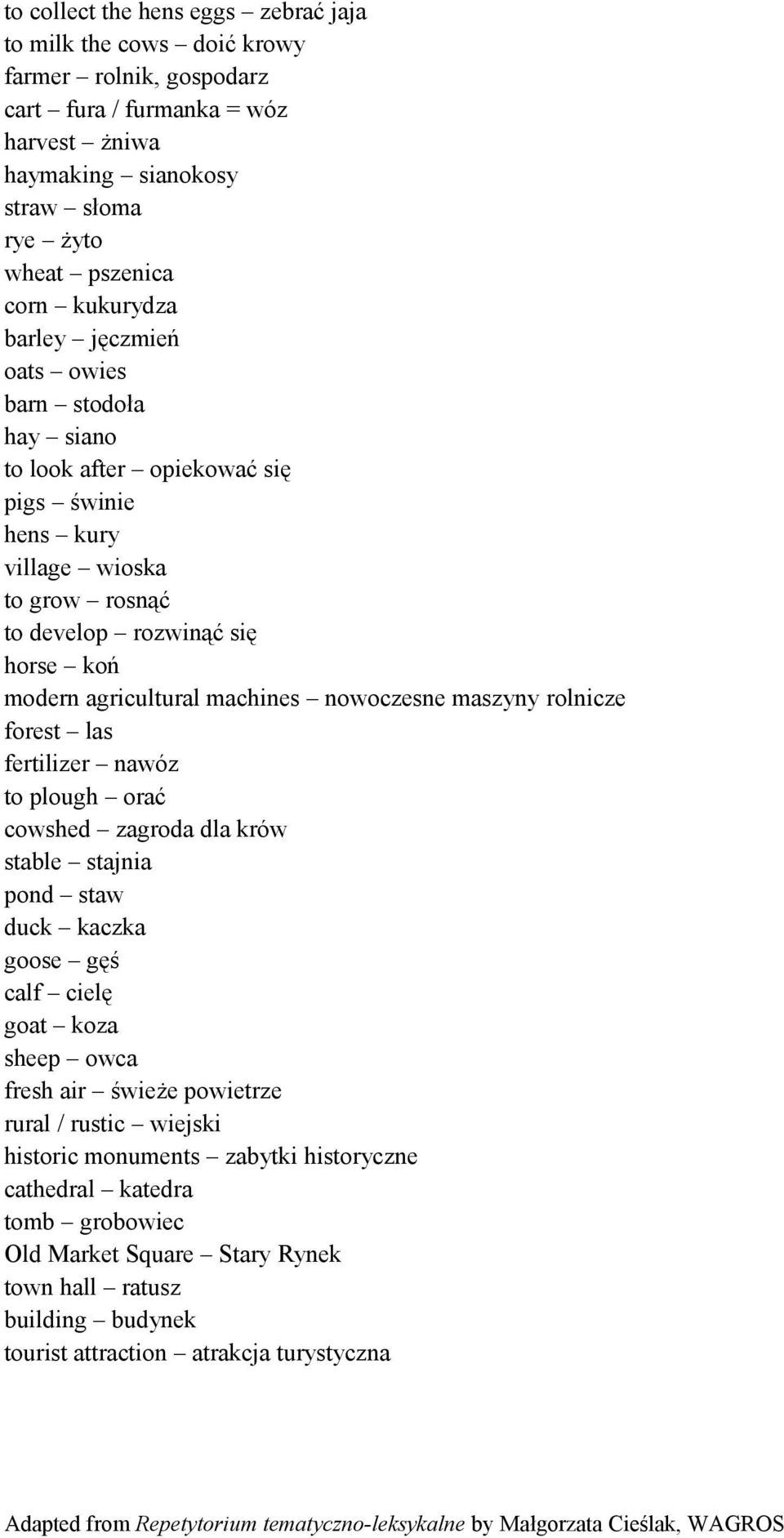 machines nowoczesne maszyny rolnicze forest las fertilizer nawóz to plough orać cowshed zagroda dla krów stable stajnia pond staw duck kaczka goose gęś calf cielę goat koza sheep owca fresh air