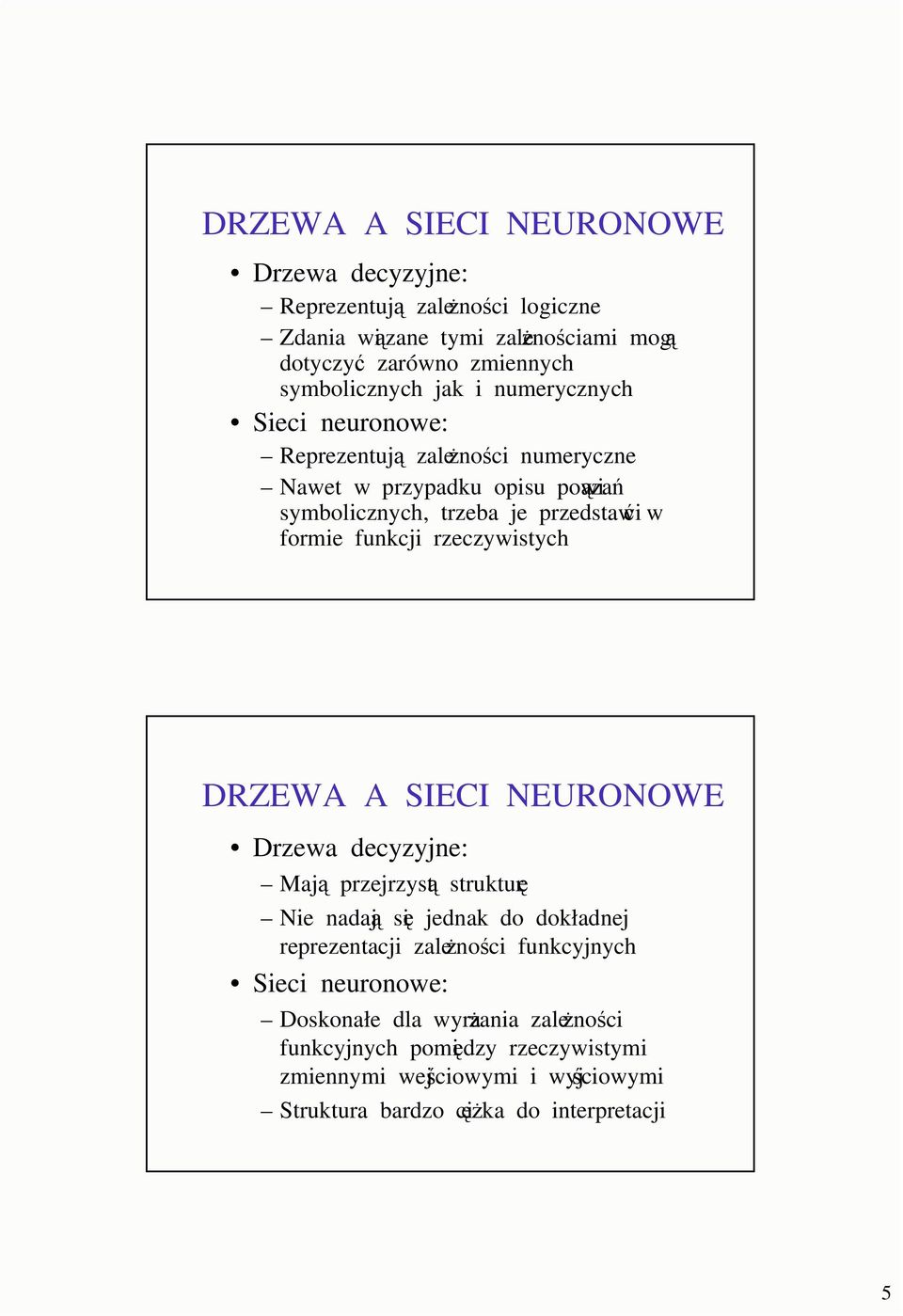 rzeczywistych DRZEWA A SIECI NEURONOWE Drzewa decyzyjne: Maj przejrzyst struktur Nie nadaj si jednak do dokładnej reprezentacji zalenoci funkcyjnych