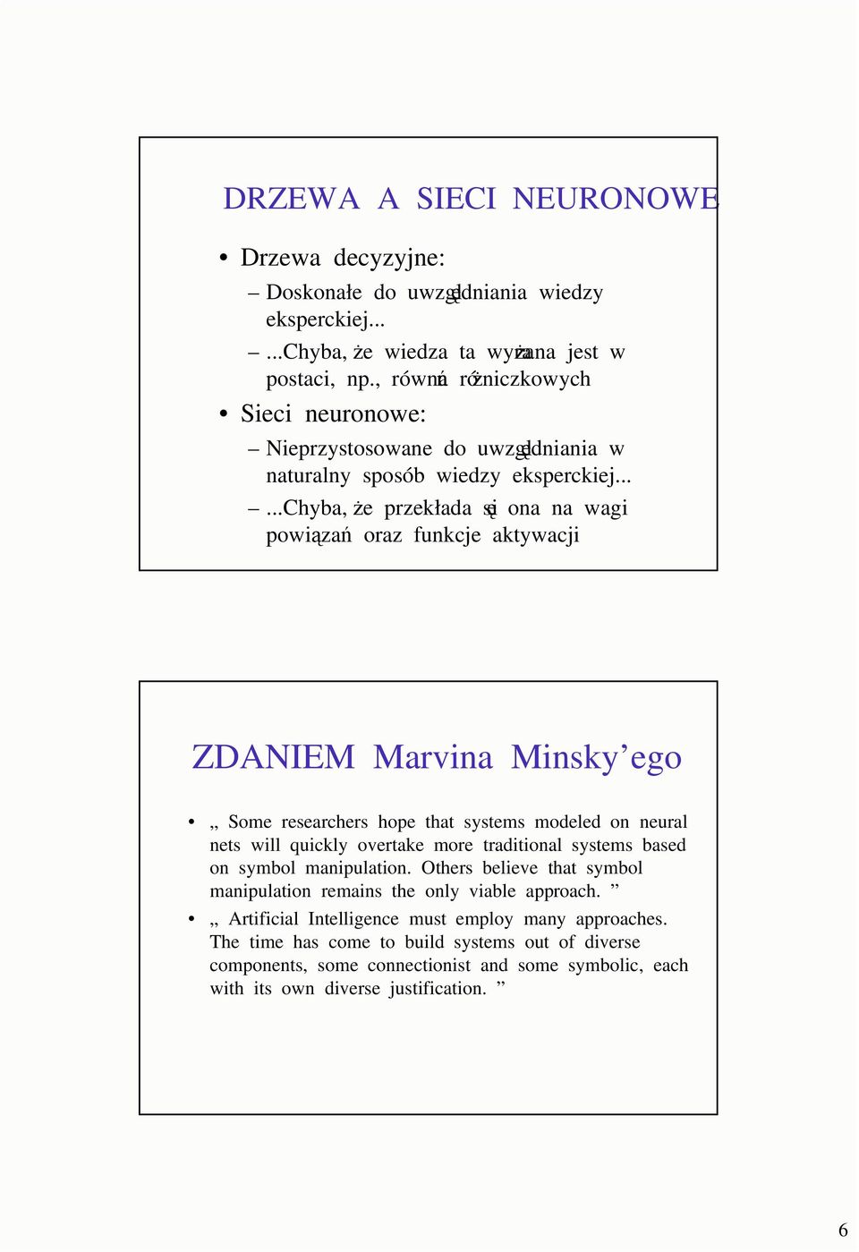 .....chyba, e przekłada si ona na wagi powiza oraz funkcje aktywacji ZDANIEM Marvina Minsky ego Some researchers hope that systems modeled on neural nets will quickly overtake more