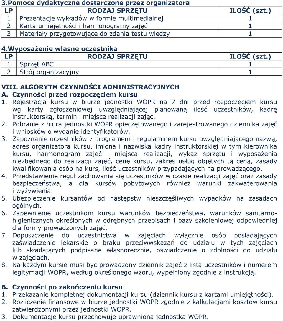 Wyposażenie własne uczestnika LP RODZAJ SPRZĘTU ILOŚĆ (szt.) 1 Sprzęt ABC 1 2 Strój organizacyjny 1 VIII. ALGORYTM CZYNNOŚCI ADMINISTRACYJNYCH A. Czynności przed rozpoczęciem kursu 1.