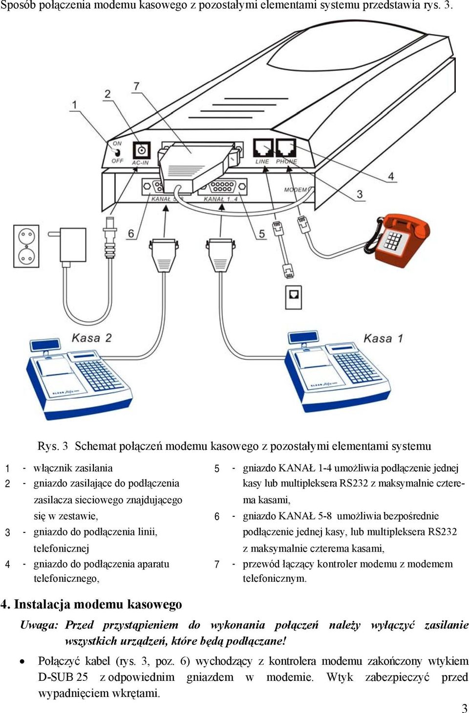 multipleksera RS232 z maksymalnie czterezasilacza sieciowego znajdującego ma kasami, się w zestawie, 6 - gniazdo KANAŁ 5-8 umożliwia bezpośrednie 3 - gniazdo do podłączenia linii, podłączenie jednej