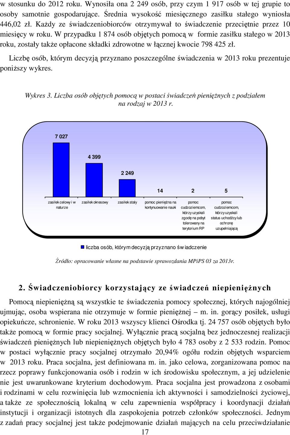 W przypadku 1 874 osób objętych pomocą w formie zasiłku stałego w 2013 roku, zostały także opłacone składki zdrowotne w łącznej kwocie 798 425 zł.