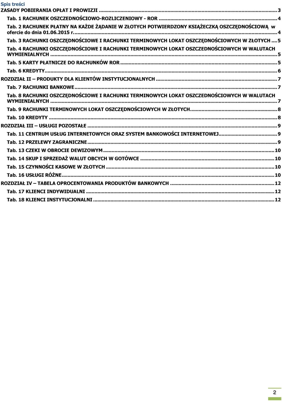 3 RACHUNKI OSZCZĘDNOŚCIOWE I RACHUNKI TERMINOWYCH LOKAT OSZCZĘDNOŚCIOWYCH W ZŁOTYCH... 5 Tab. 4 RACHUNKI OSZCZĘDNOŚCIOWE I RACHUNKI TERMINOWYCH LOKAT OSZCZEDNOŚCIOWYCH W WALUTACH WYMIENIALNYCH... 5 Tab. 5 KARTY PŁATNICZE DO RACHUNKÓW ROR.