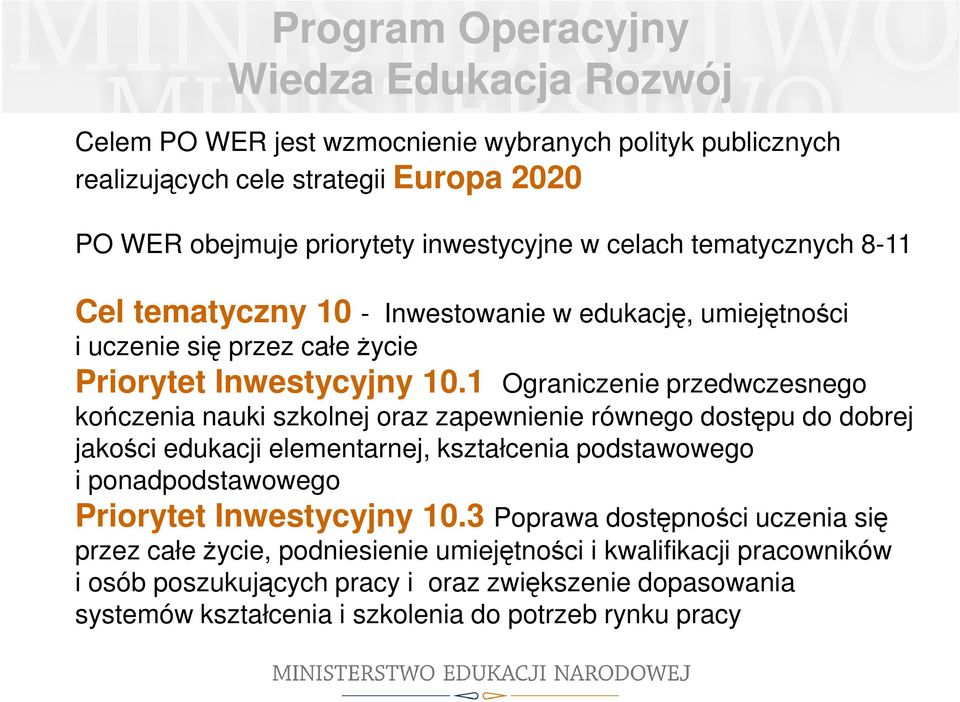 1 Ograniczenie przedwczesnego kończenia nauki szkolnej oraz zapewnienie równego dostępu do dobrej jakości edukacji elementarnej, kształcenia podstawowego i ponadpodstawowego Priorytet