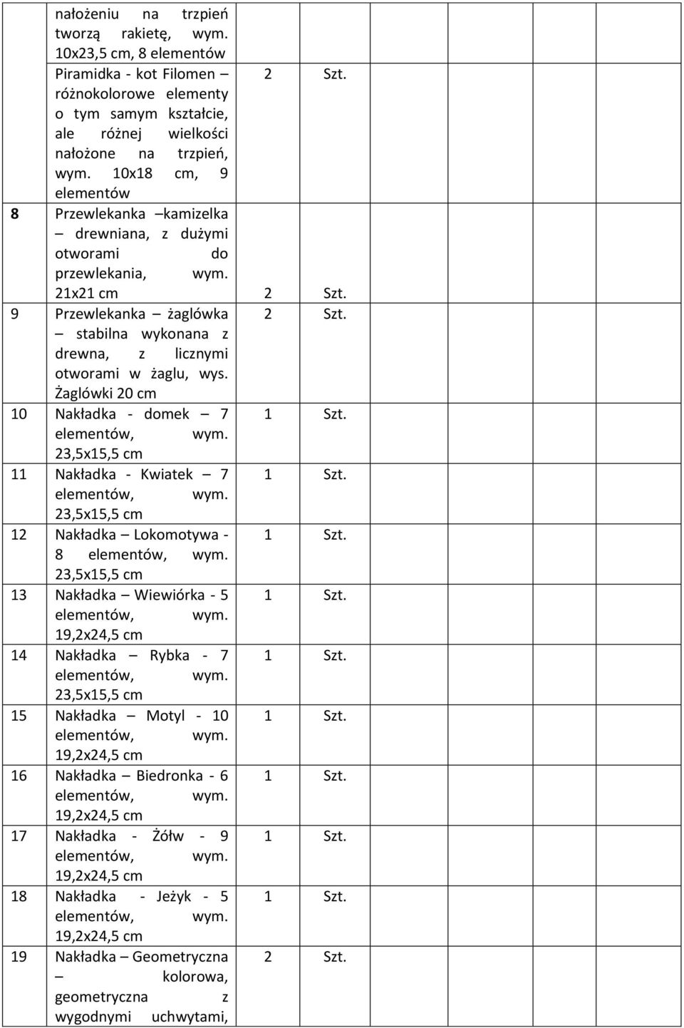 Żaglówki 20 10 Nakładka - domek 7 23,5x15,5 11 Nakładka - Kwiatek 7 23,5x15,5 12 Nakładka Lokomotywa - 8 23,5x15,5 13 Nakładka Wiewiórka - 5 19,2x24,5 14 Nakładka Rybka - 7 23,5x15,5 15