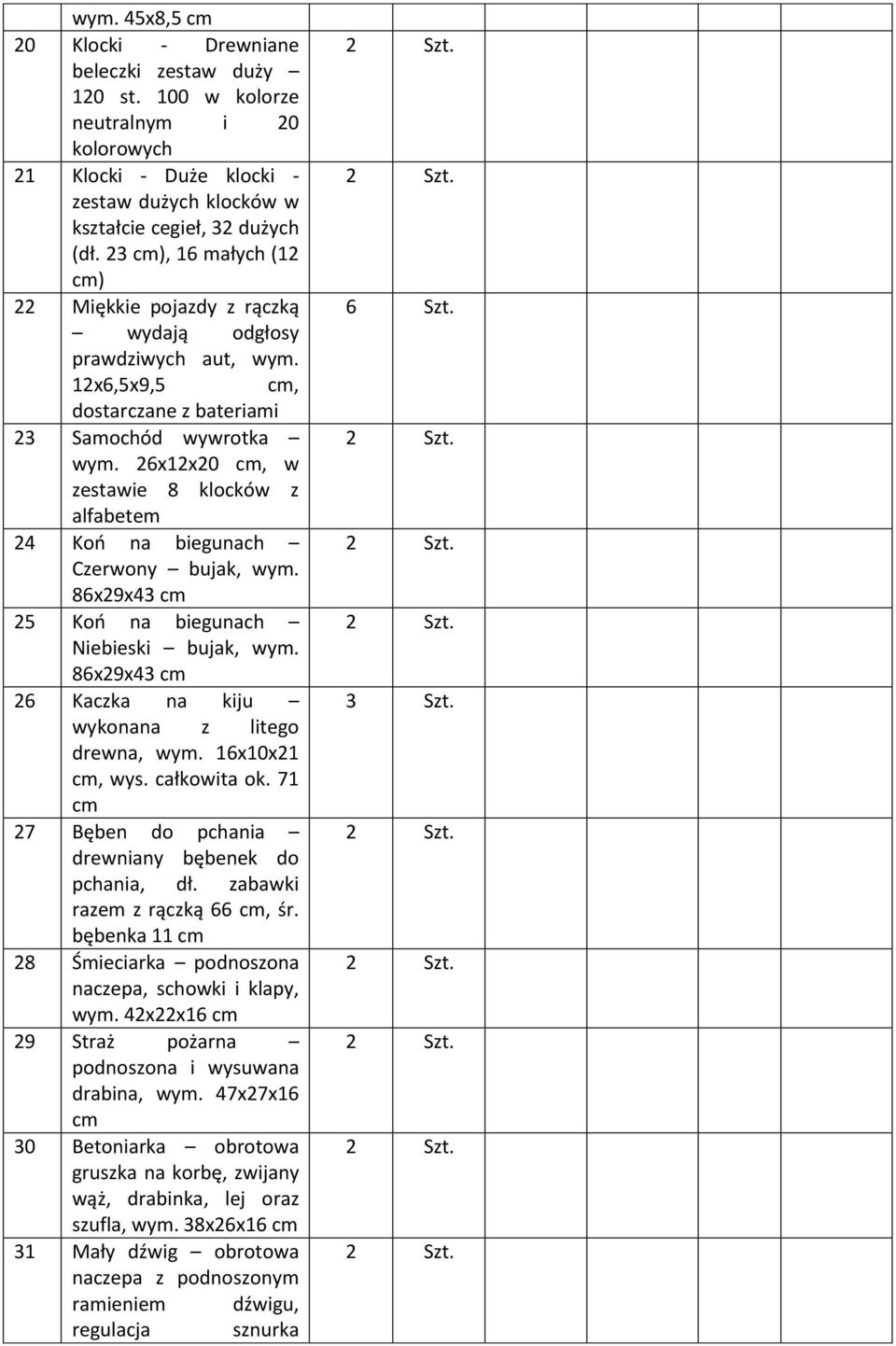 26x12x20, w zestawie 8 klocków z alfabetem 24 Koo na biegunach Czerwony bujak, wym. 86x29x43 25 Koo na biegunach Niebieski bujak, wym. 86x29x43 26 Kaczka na kiju wykonana z litego drewna, wym.