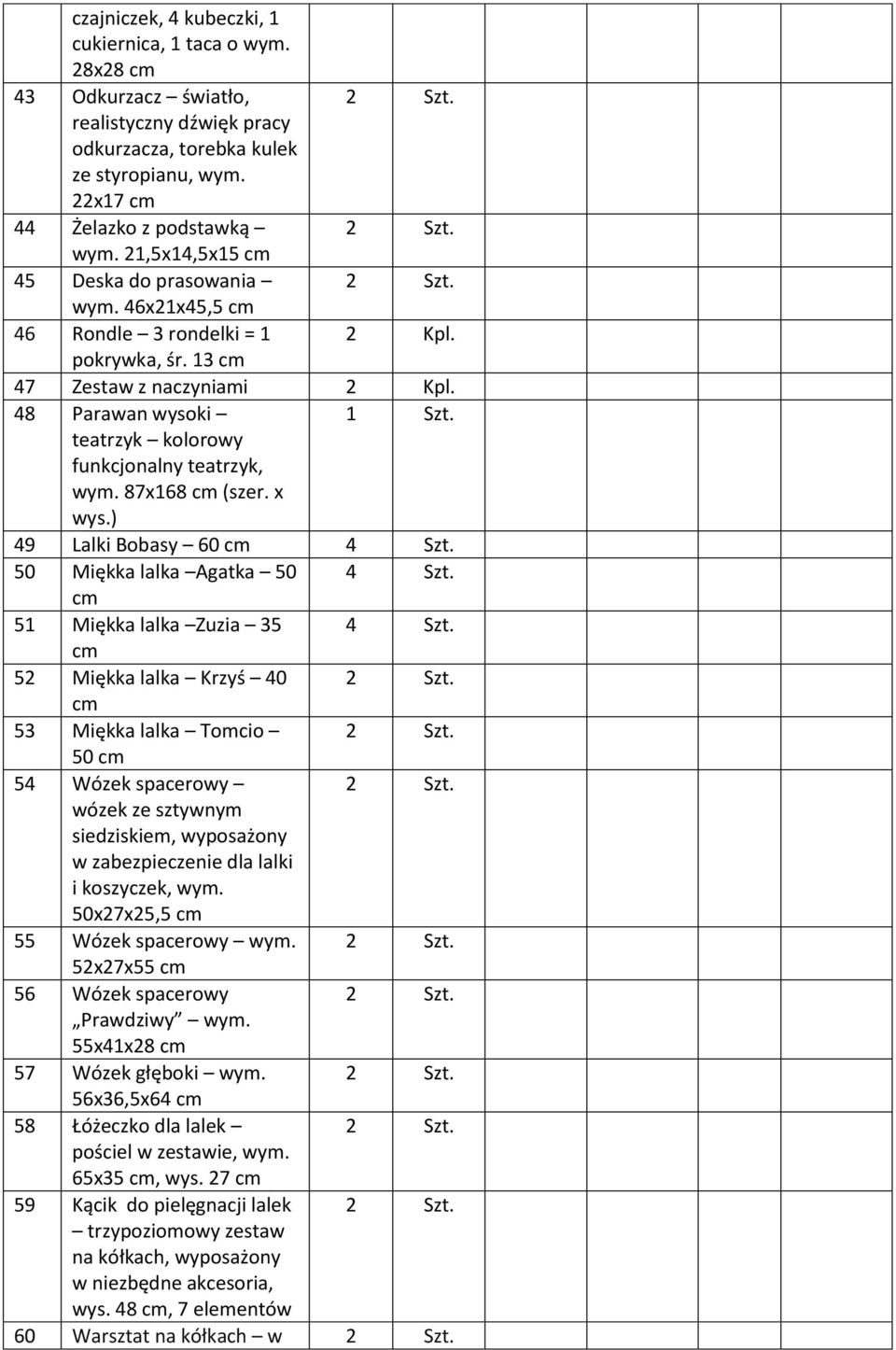 x wys.) 49 Lalki Bobasy 60 4 Szt. 50 Miękka lalka Agatka 50 4 Szt. 51 Miękka lalka Zuzia 35 4 Szt.
