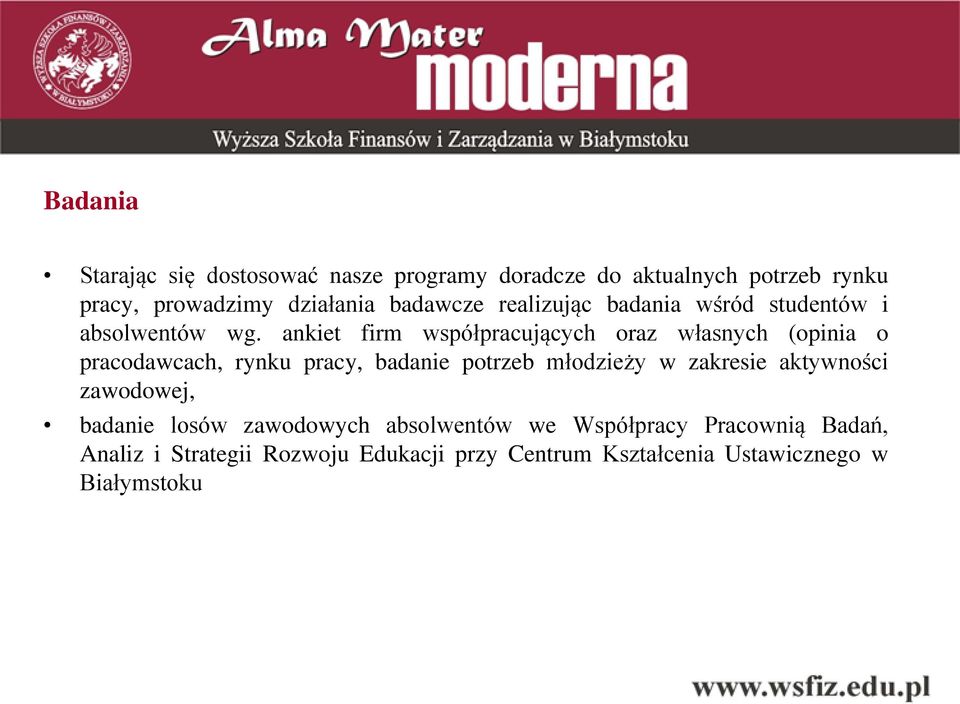 ankiet firm współpracujących oraz własnych (opinia o pracodawcach, rynku pracy, badanie potrzeb młodzieży w zakresie