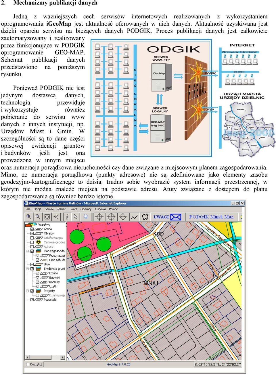 Proces publikacji danych jest całkowicie zautomatyzowany i realizowany przez funkcjonujące w PODGIK oprogramowanie GEO-MAP. Schemat publikacji danych przedstawiono na poniższym rysunku.