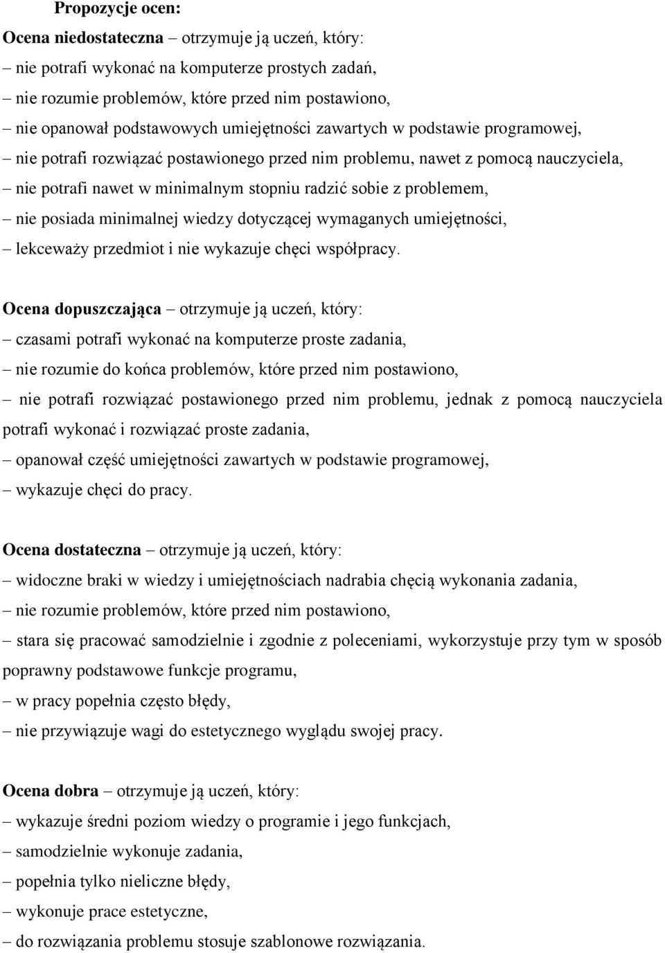 posiada minimalnej wiedzy dotyczącej wymaganych umiejętności, lekceważy przedmiot i nie wykazuje chęci współpracy.