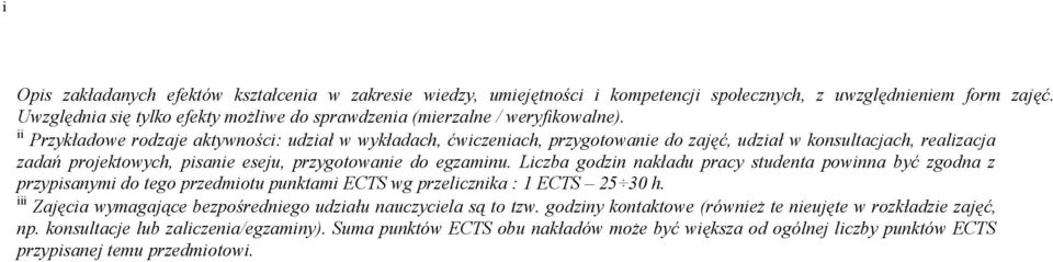 ii Przykładowe rodzaje aktywności: udział w wykładach, ćwiczeniach, przygotowanie do zajęć, udział w konsultacjach, realizacja zadań projektowych, pisanie eseju, przygotowanie do egzaminu.