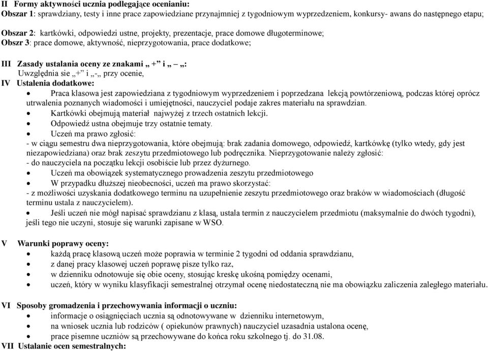 Uwzględnia sie + i - przy ocenie, IV Ustalenia dodatkowe: Praca klasowa jest zapowiedziana z tygodniowym wyprzedzeniem i poprzedzana lekcją powtórzeniową, podczas której oprócz utrwalenia poznanych