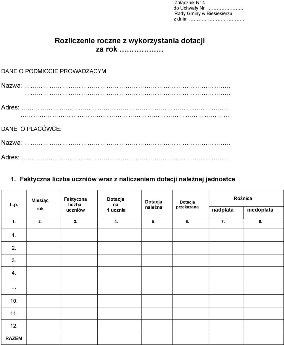 ... Adres: DANE O PLACÓWCE: Nazwa:.. Adres: 1.