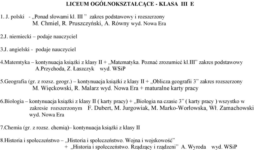 ) kontynuacja książki z klasy II + Oblicza geografii 3 zakres rozszerzony M. Więckowski, R. Malarz wyd. Nowa Era + maturalne karty pracy 6.