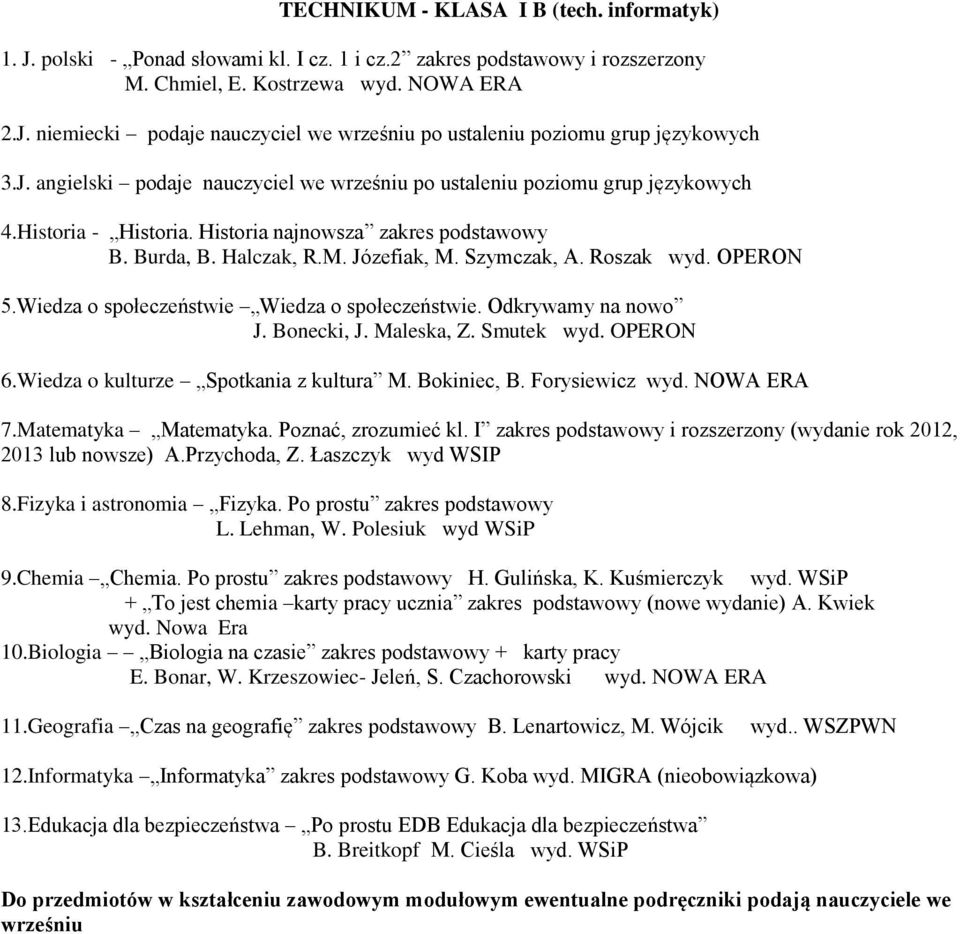 Roszak wyd. OPERON 5.Wiedza o społeczeństwie Wiedza o społeczeństwie. Odkrywamy na nowo J. Bonecki, J. Maleska, Z. Smutek wyd. OPERON 6.Wiedza o kulturze Spotkania z kultura M. Bokiniec, B.