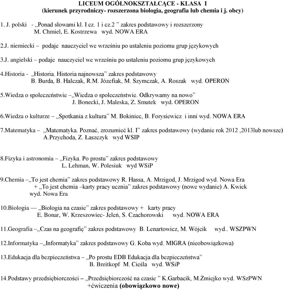 Historia - Historia. Historia najnowsza zakres podstawowy B. Burda, B. Halczak, R.M. Józefiak, M. Szymczak, A. Roszak wyd. OPERON 5.Wiedza o społeczeństwie Wiedza o społeczeństwie.