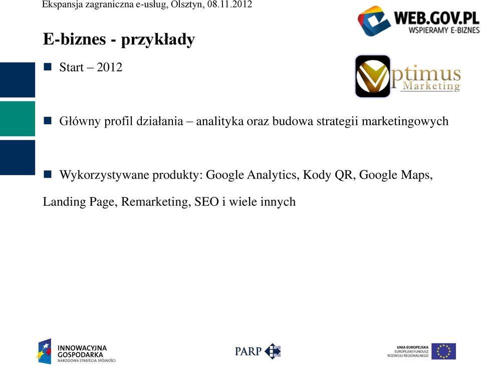 marketingowych Wykorzystywane produkty: Google