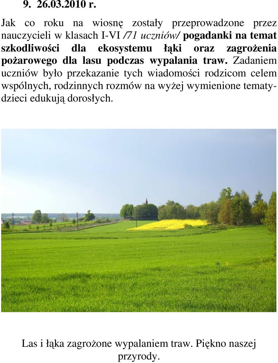 temat szkodliwości dla ekosystemu łąki oraz zagrożenia pożarowego dla lasu podczas wypalania traw.