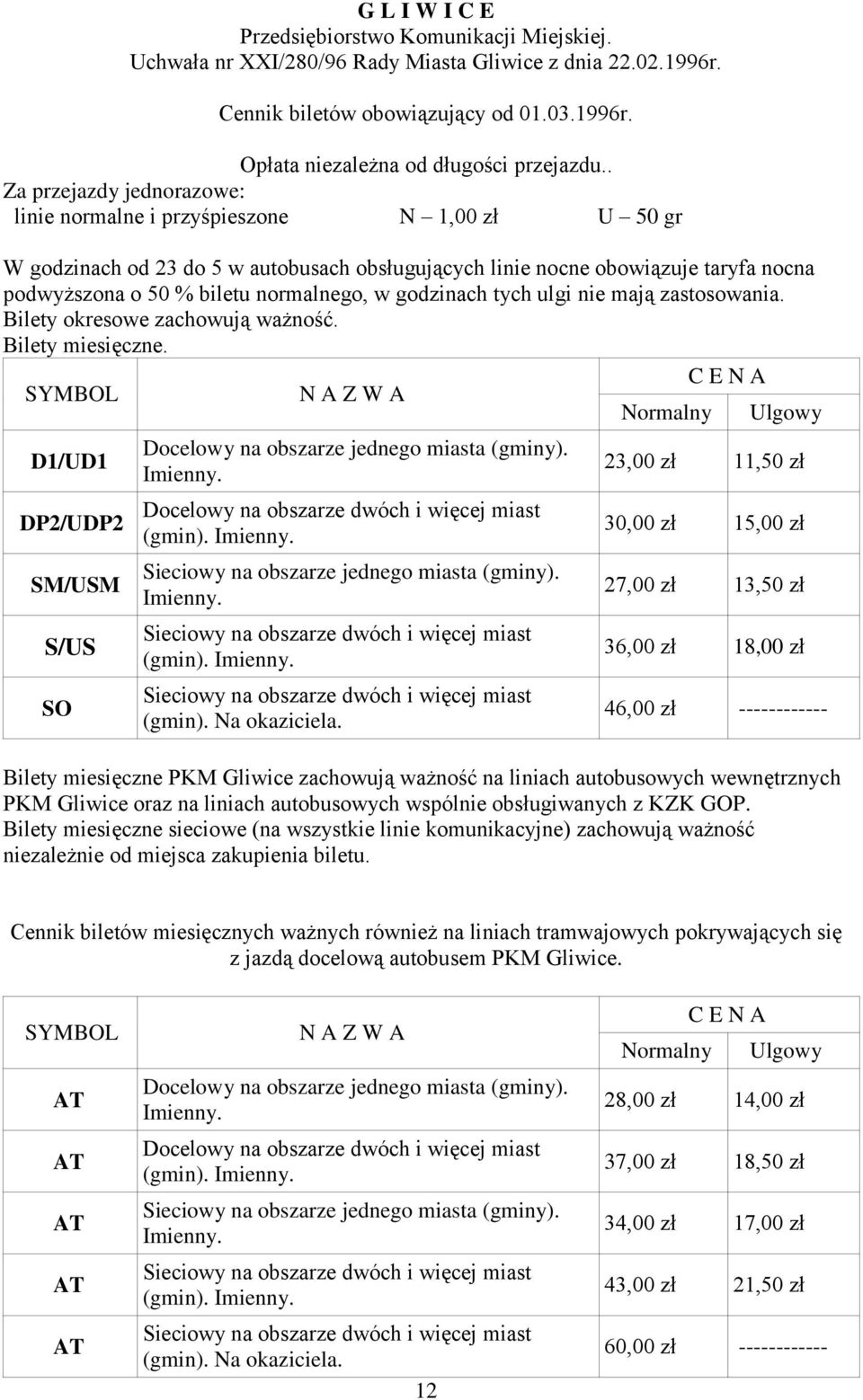 normalnego, w godzinach tych ulgi nie mają zastosowania. Bilety okresowe zachowują ważność. Bilety miesięczne.