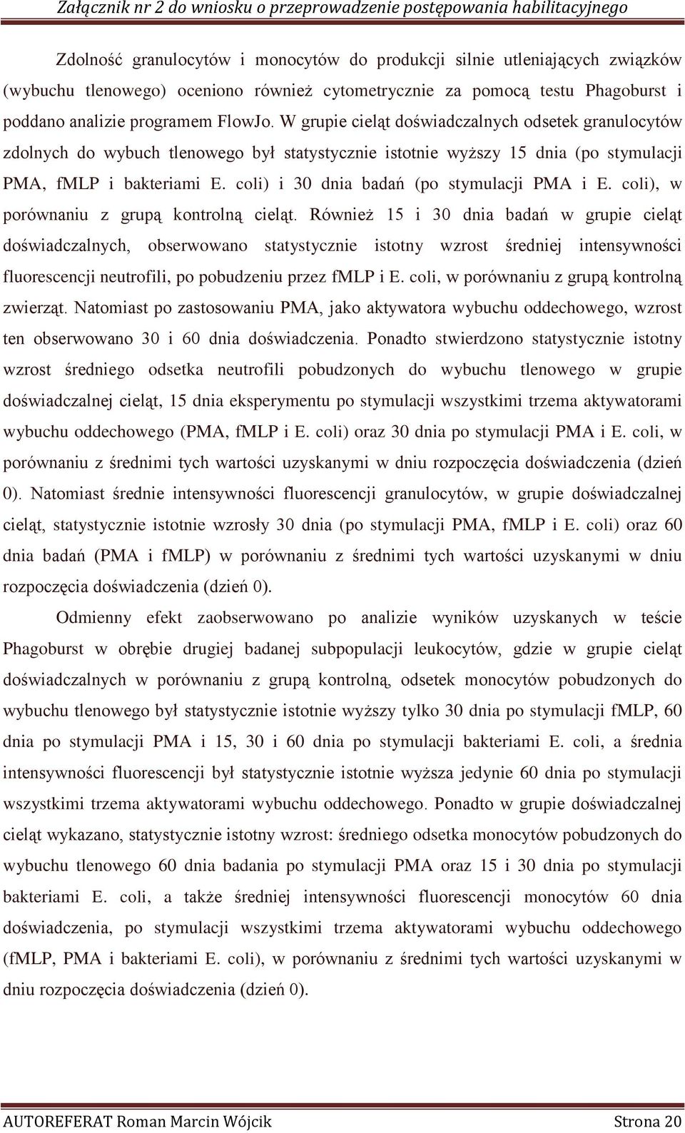 coli) i 30 dnia badań (po stymulacji PMA i E. coli), w porównaniu z grupą kontrolną cieląt.