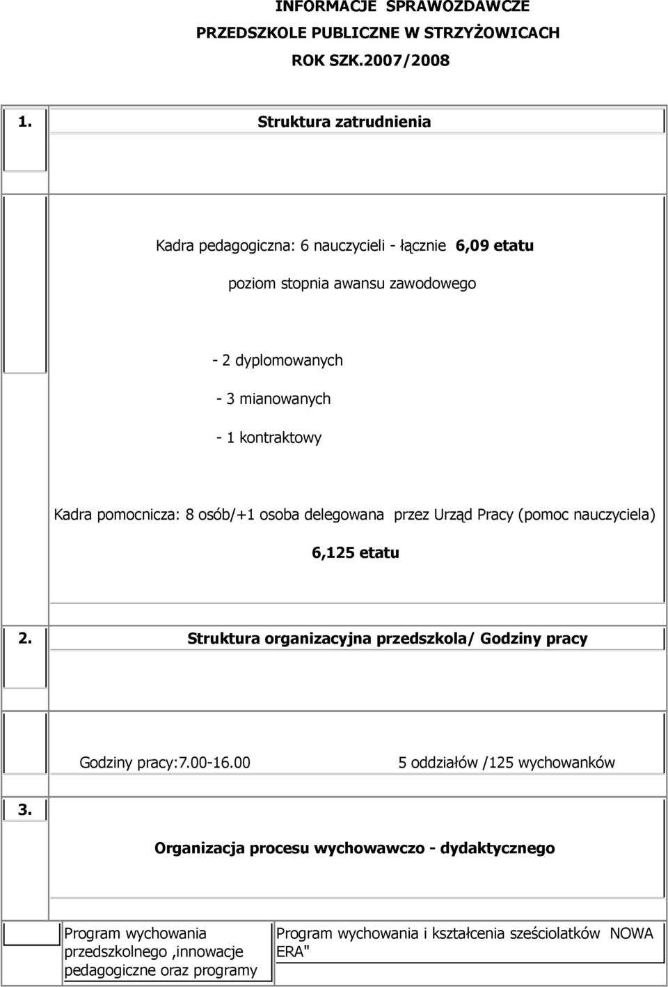 kontraktowy Kadra pomocnicza: 8 osób/+1 osoba delegowana przez Urząd Pracy (pomoc nauczyciela) 6,125 etatu 2.