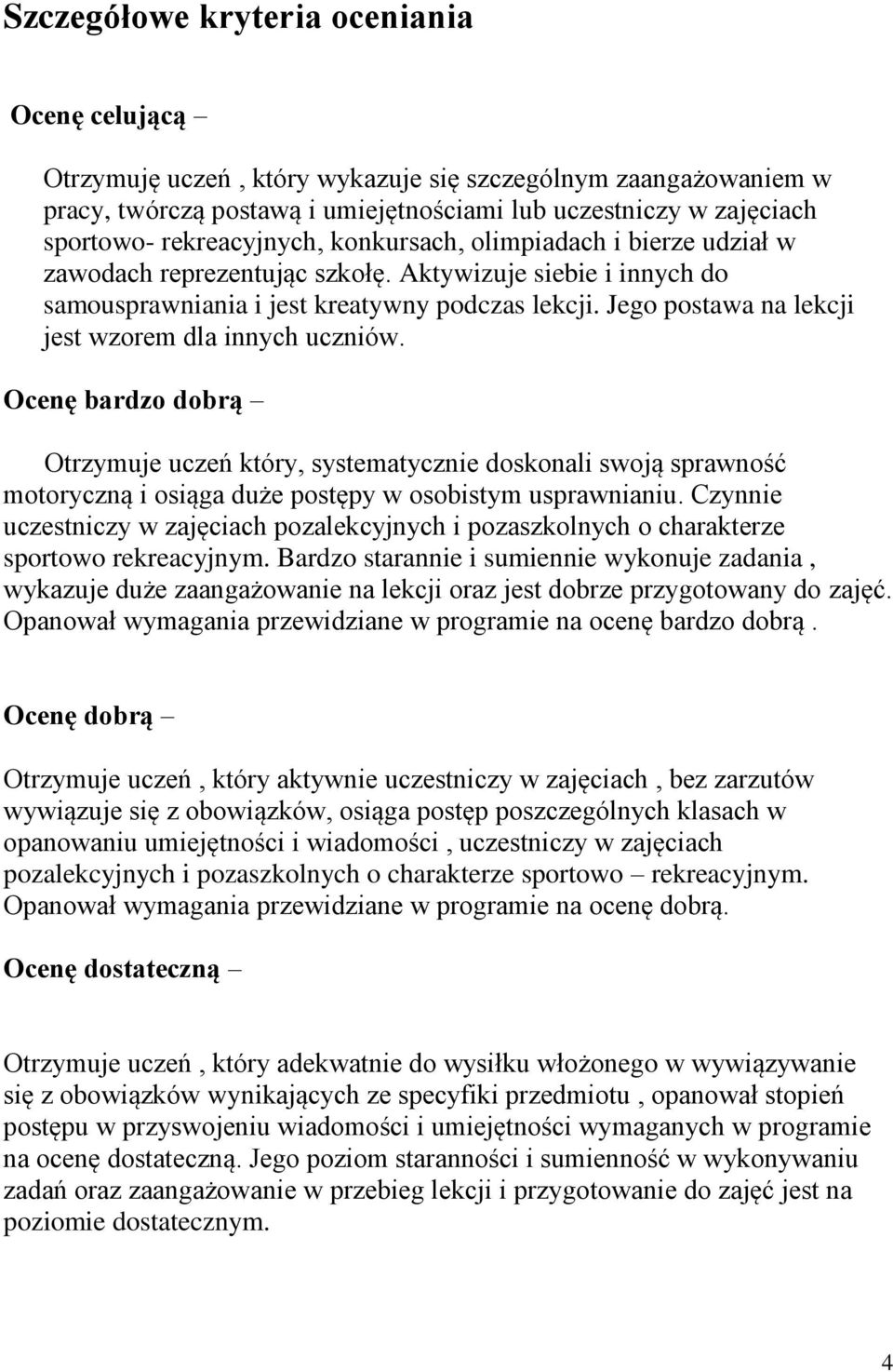 Jego postawa na lekcji jest wzorem dla innych uczniów. Ocenę bardzo dobrą Otrzymuje uczeń który, systematycznie doskonali swoją sprawność motoryczną i osiąga duże postępy w osobistym usprawnianiu.