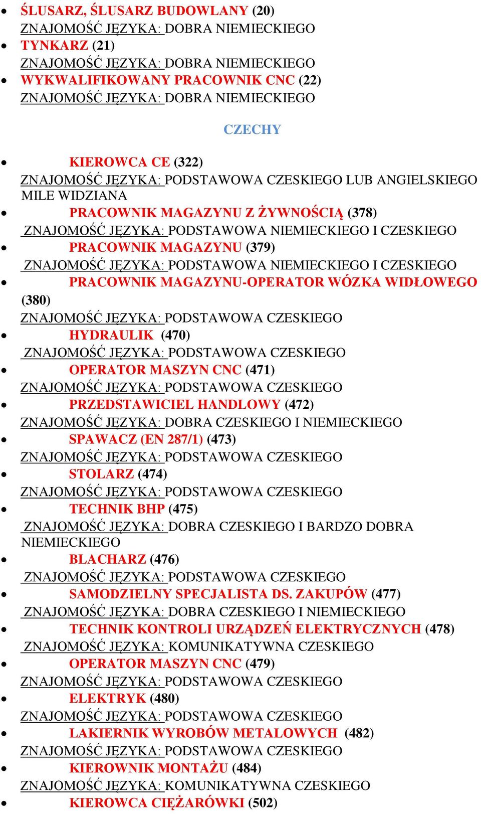 CNC (471) PRZEDSTAWICIEL HANDLOWY (472) ZNAJOMOŚĆ JĘZYKA: DOBRA CZESKIEGO I NIEMIECKIEGO SPAWACZ (EN 287/1) (473) STOLARZ (474) TECHNIK BHP (475) ZNAJOMOŚĆ JĘZYKA: DOBRA CZESKIEGO I BARDZO DOBRA