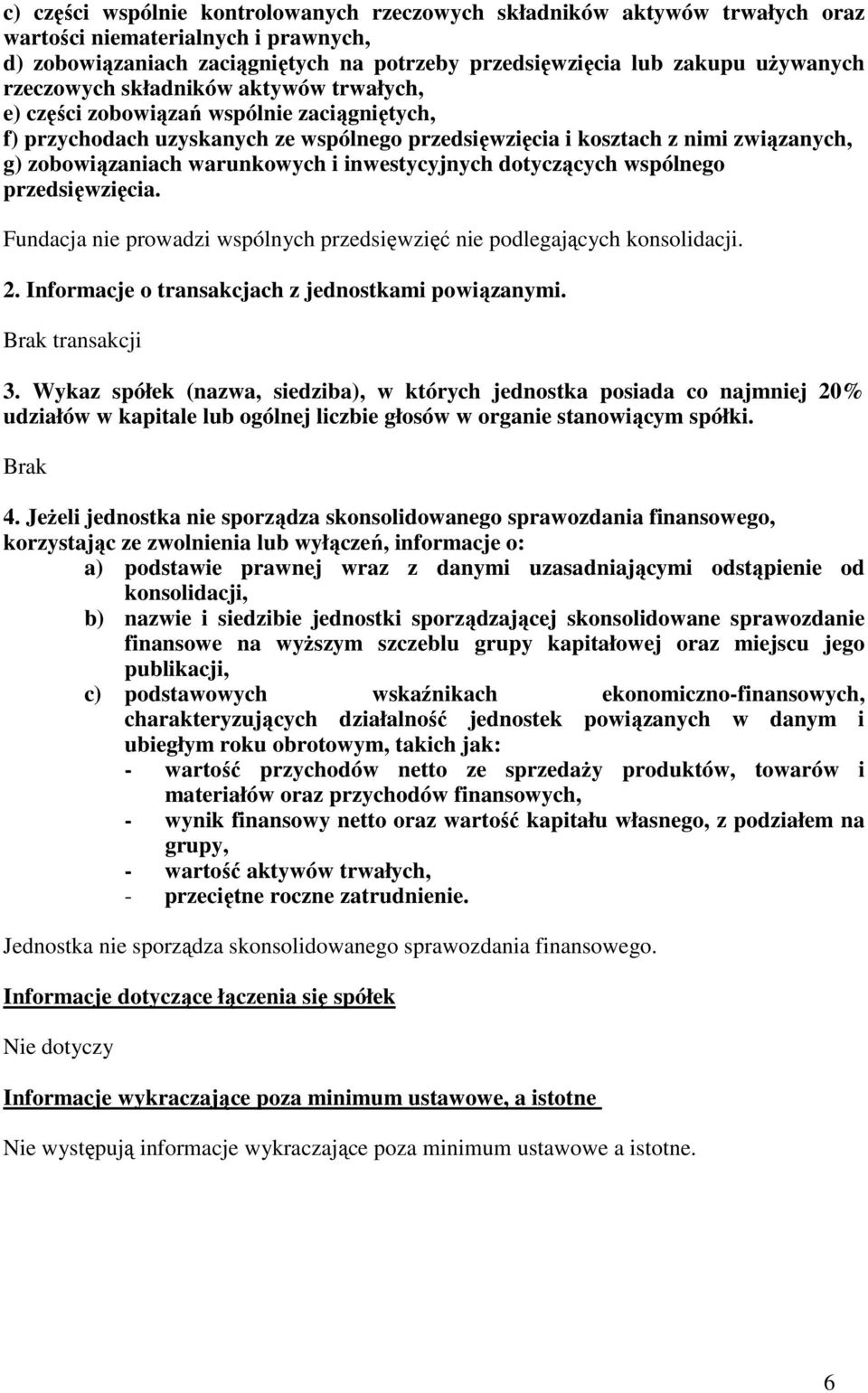 i inwestycyjnych dotyczących wspólnego przedsięwzięcia. Fundacja nie prowadzi wspólnych przedsięwzięć nie podlegających konsolidacji. 2. Informacje o transakcjach z jednostkami powiązanymi.