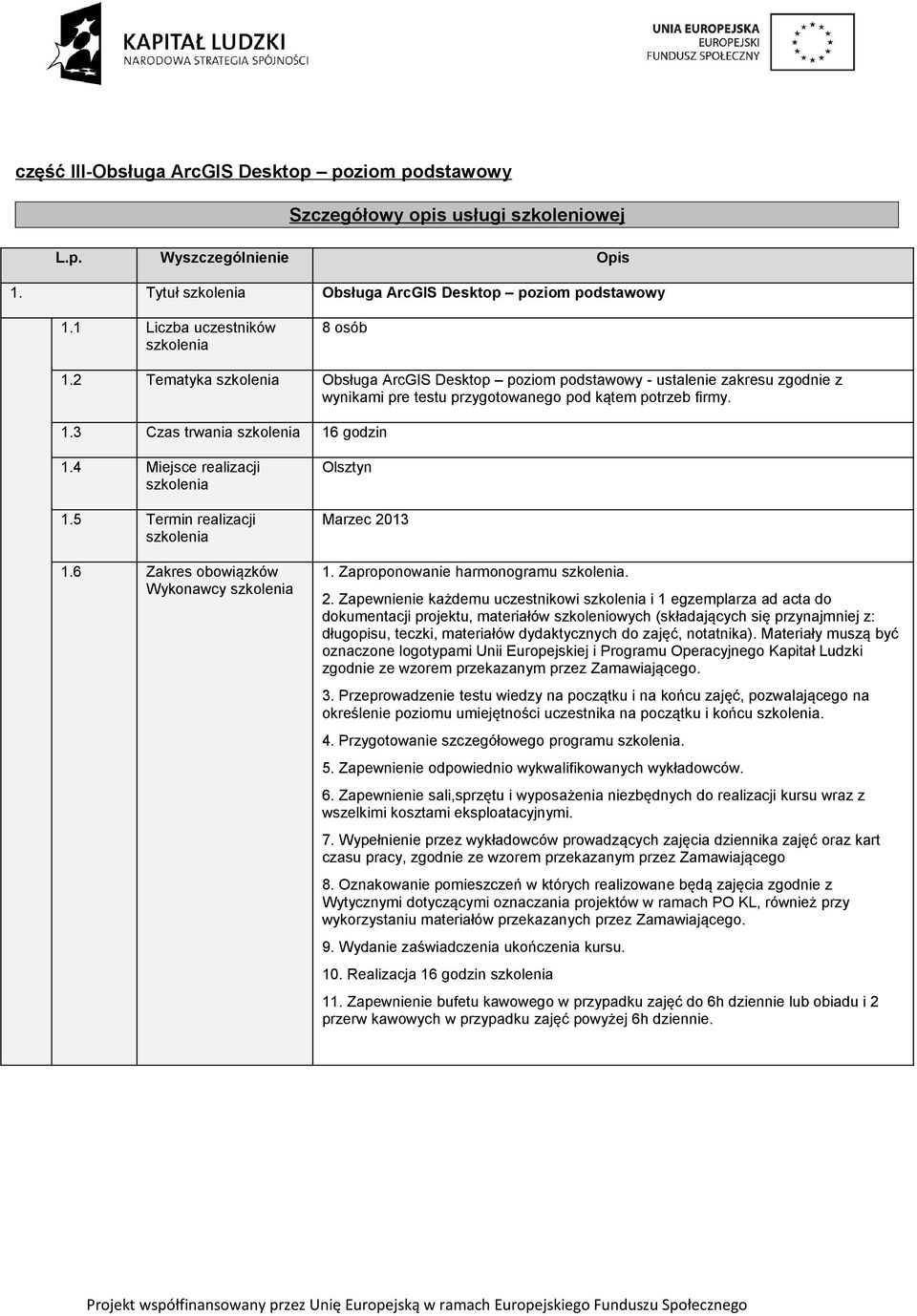 3 Czas trwania 16 godzin Wykonawcy Marzec 2013 1. Zaproponowanie harmonogramu. 2. Zapewnienie każdemu uczestnikowi i 1 egzemplarza ad acta do określenie poziomu umiejętności uczestnika na początku i końcu.